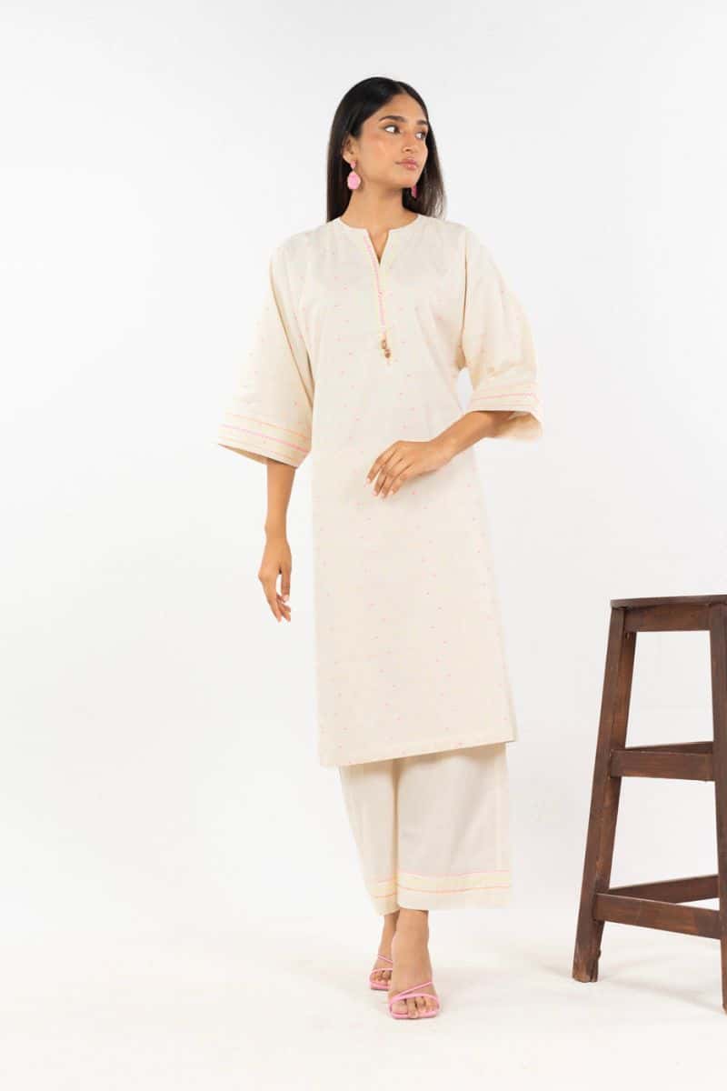 Cream Printed Yarn Dyed 2 Piece Ready-to-Wear Shirt