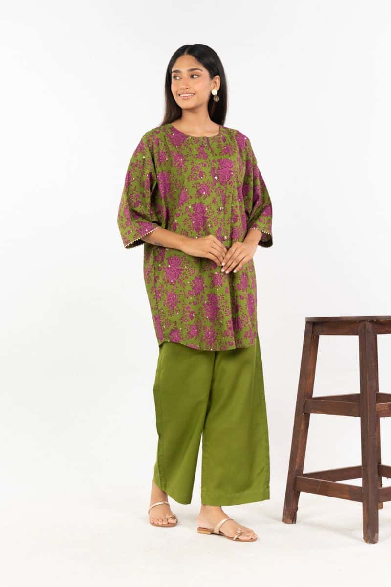 Green Embroidered Cambric 2 Piece Ready-to-Wear Shirt