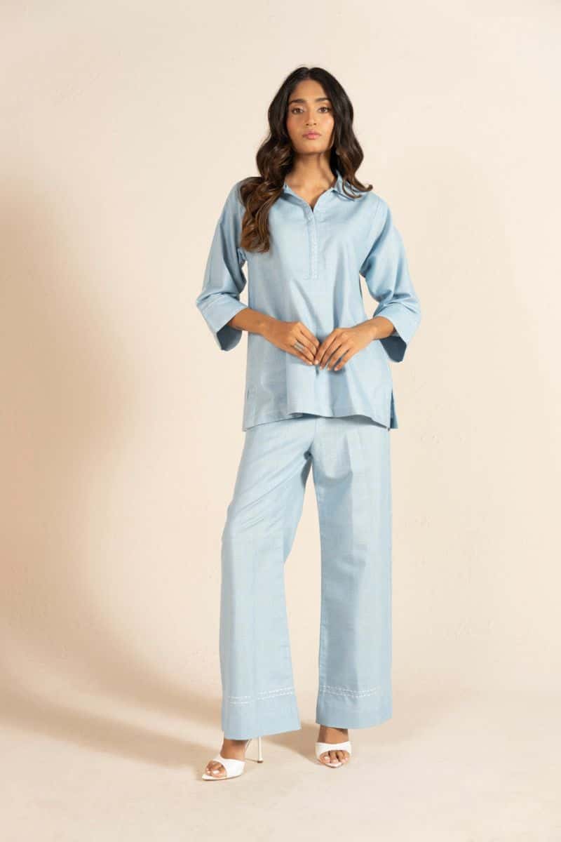 Light Blue Embroidered Yarn Dyed 2 Piece Ready-to-Wear Shirt