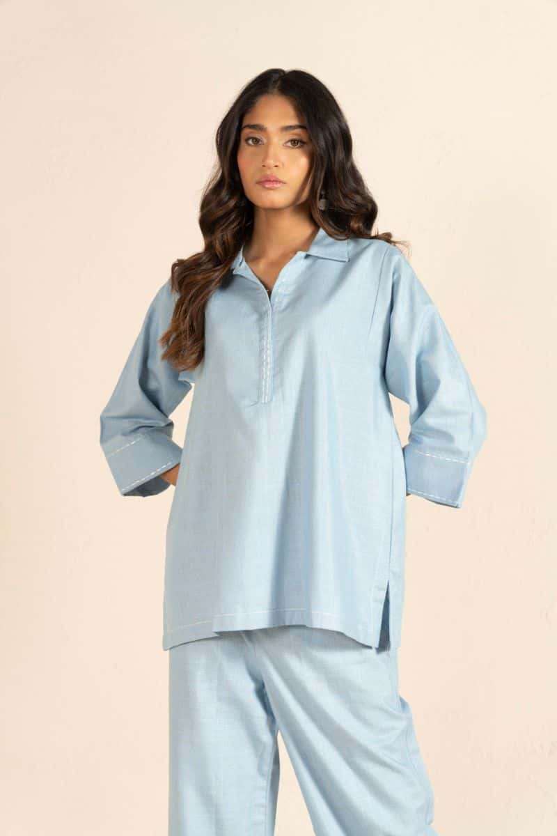Light Blue Embroidered Yarn Dyed 2 Piece Ready-to-Wear Shirt - alternate view