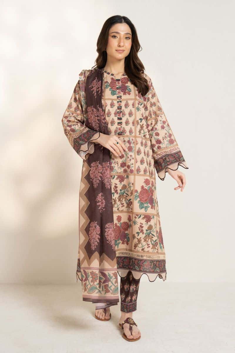 Beige Printed Lawn 3 Piece Unstitched Suit