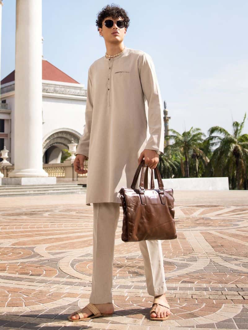 Sand Brown Blended Kurta Trouser