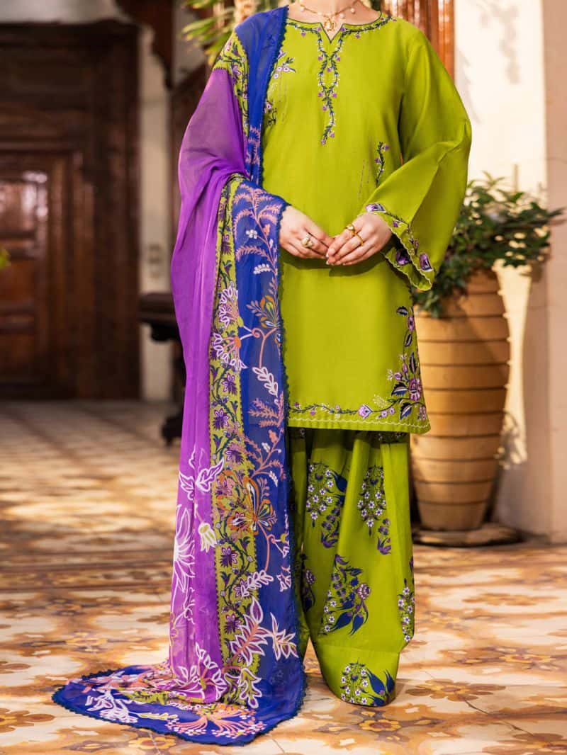 Parrot Green Cambric 3Pc Stitched