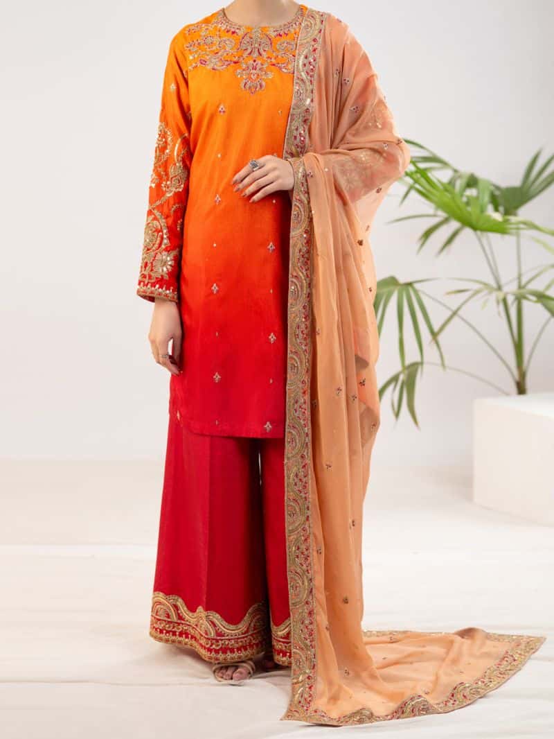 Orange Raw Silk Formal 3Pc Stitched