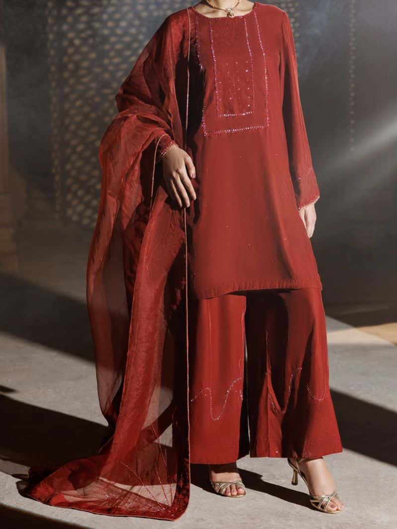 Peach Velvet Formal 3Pc Stitched