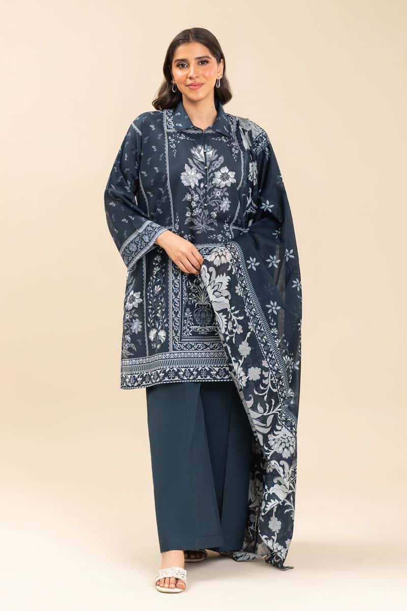 3 PIECE PRINTED LAWN SUIT-MYSTIC TIDE (UNSTITCHED) - alternate view