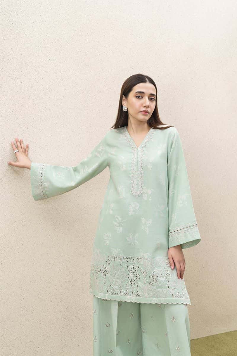 2 PIECE EMBROIDERED SELF JACQUARD SUIT-FROSTED MINT (UNSTITCHED)