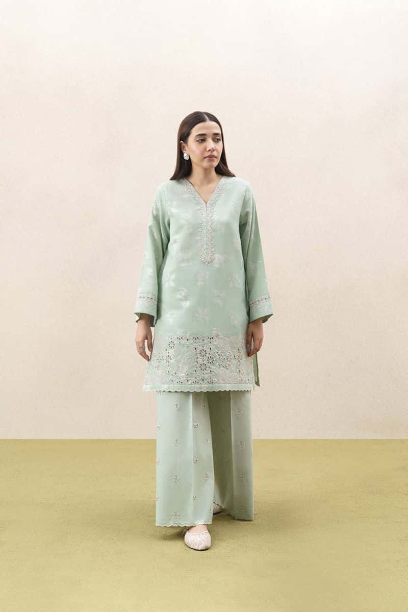 2 PIECE EMBROIDERED SELF JACQUARD SUIT-FROSTED MINT (UNSTITCHED) - alternate view