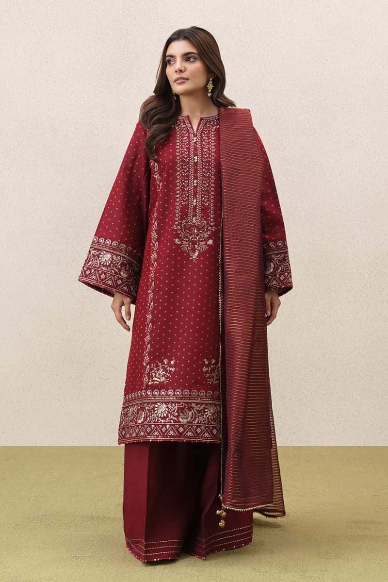 3 PIECE EMBROIDERED YARN DYED JACQUARD SUIT-SCARLET EMBER (UNSTITCHED) - alternate view
