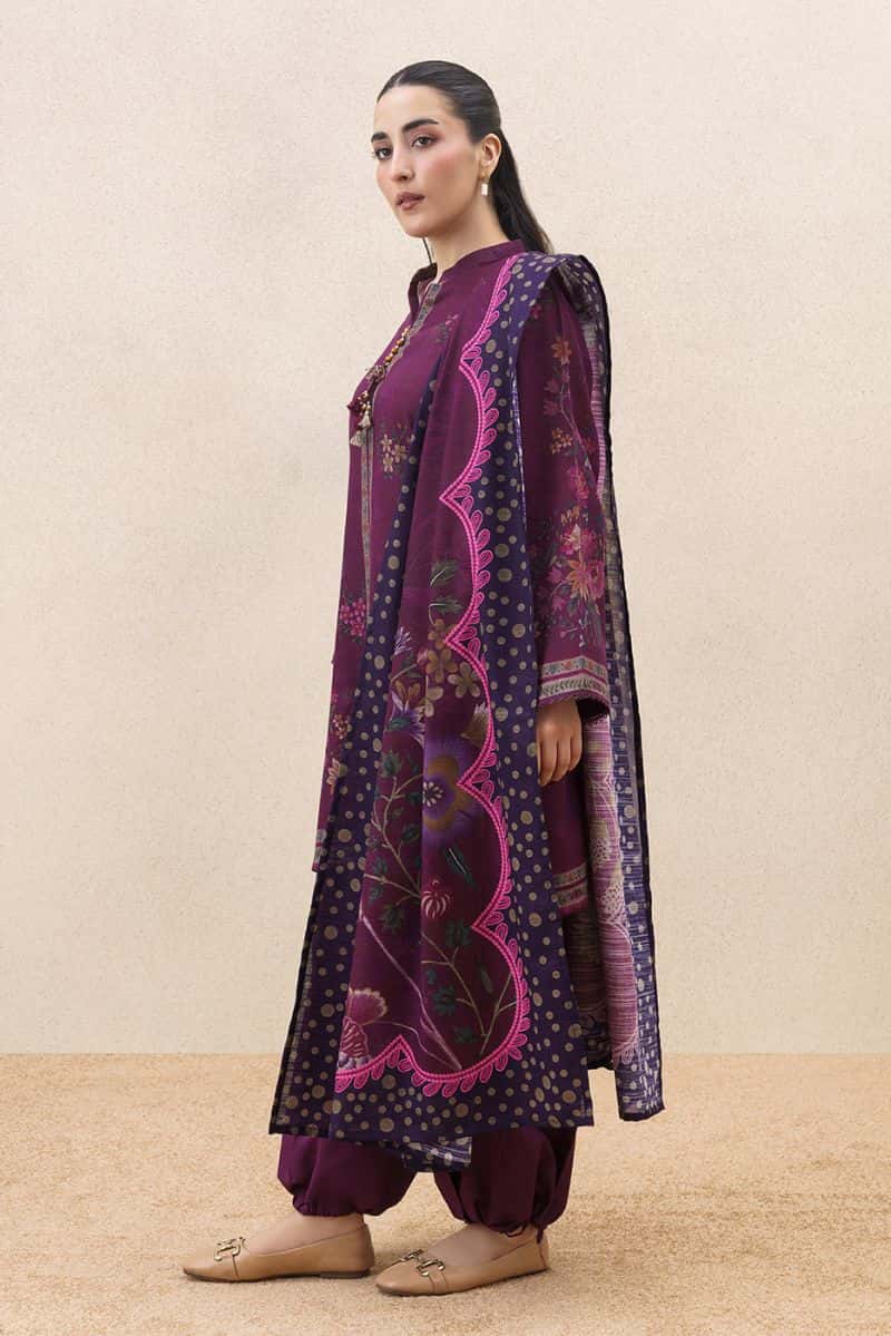 3 PIECE PRINTED SLUB KHADDAR SUIT-PLUM FLORET ( UNSTITCHED ) - alternate view