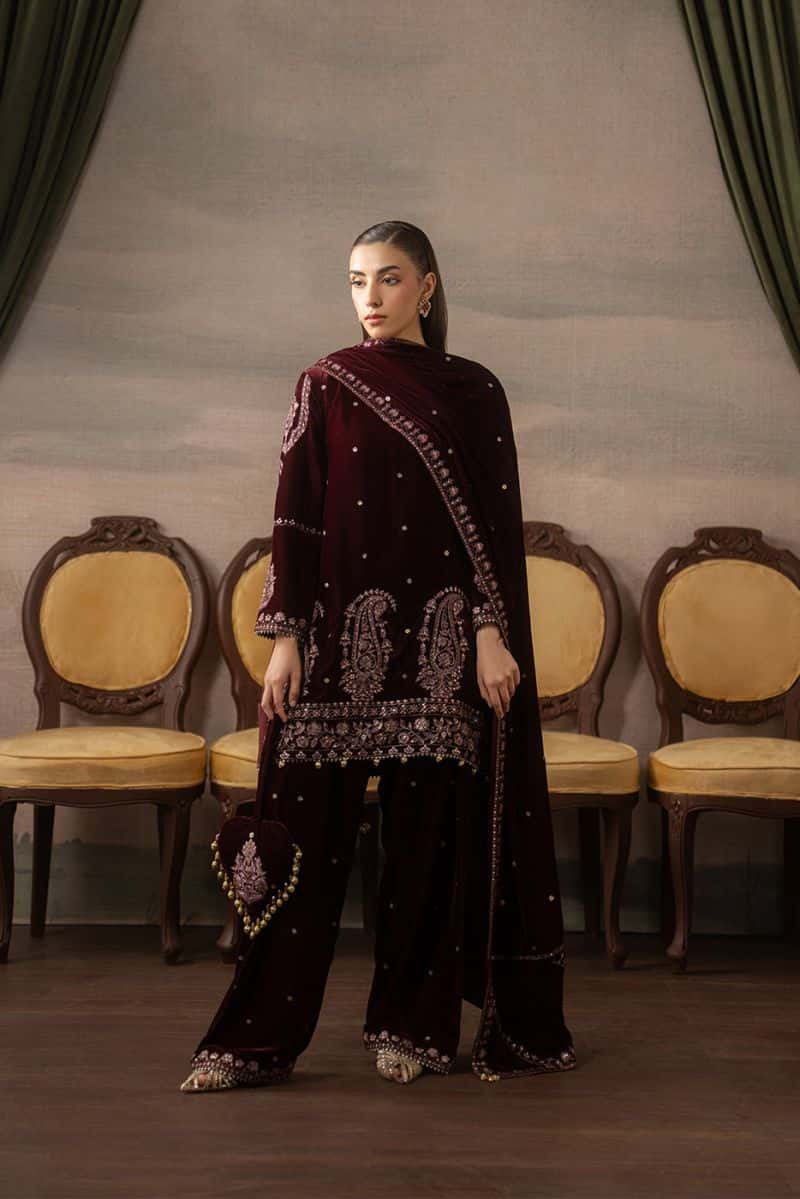3 PIECE EMBROIDERED VELVET SUIT-FAUX FEMME ( LUXURY UNSTITCHED )