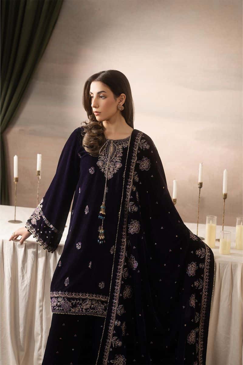 3 PIECE EMBROIDERED VELVET SUIT-MULBERRY DUSK ( LUXURY UNSTITCHED ) - alternate view