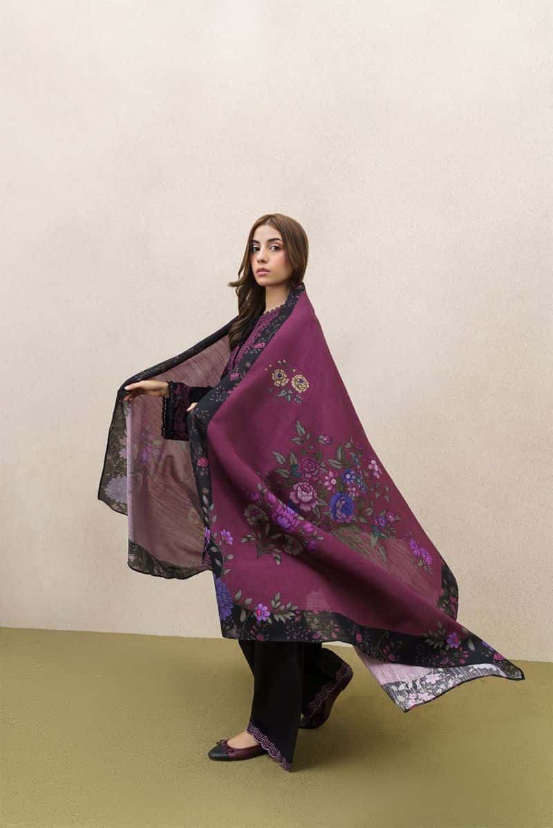 3 PIECE EMBROIDERED SLUB KHADDAR SUIT-MAJESTIC HEM (UNSTITCHED)