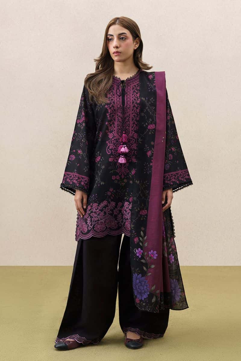 3 PIECE EMBROIDERED SLUB KHADDAR SUIT-MAJESTIC HEM (UNSTITCHED) - alternate view