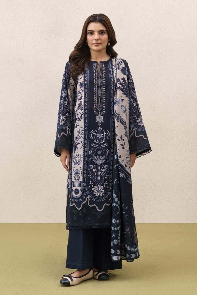 3 PIECE PRINTEDED SLUB KHADDAR SUIT-MYSTIC BLUE (UNSTITCHED) - alternate view