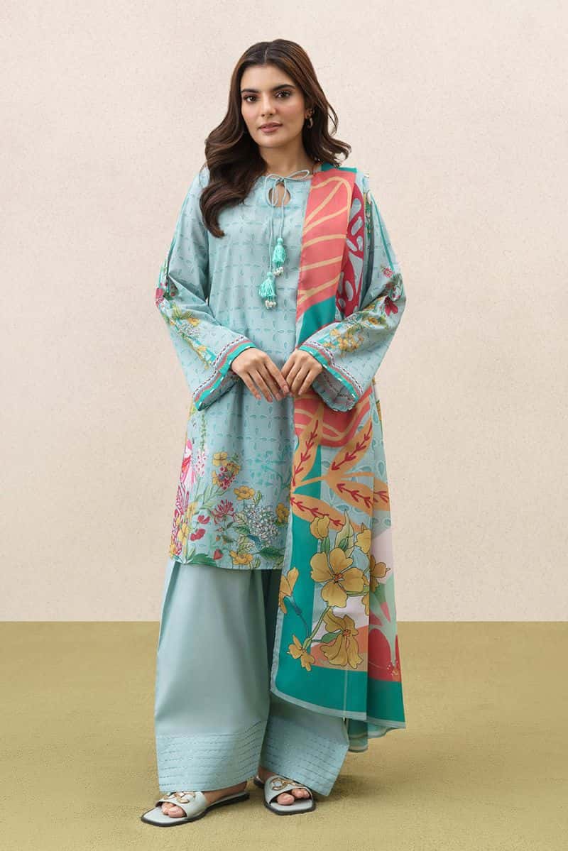3 PIECE PRINTED LAWN SUIT-AQUA BREEZE (UNSTITCHED) - alternate view