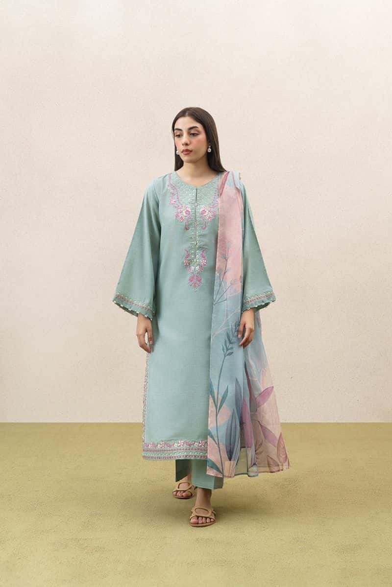 3 PIECE EMBROIDERED SELF JACQUARD  SUIT-CERULEAN RESORT (UNSTITCHED) - alternate view
