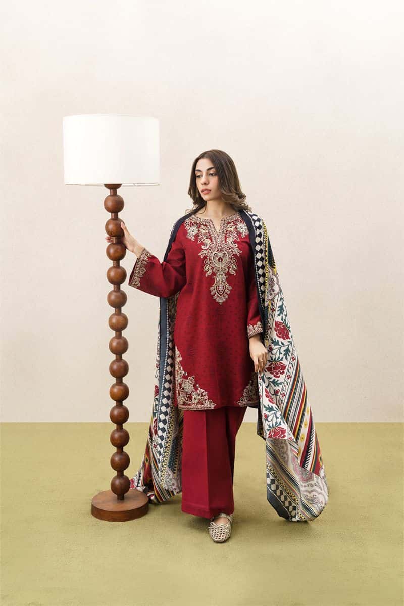 3 PIECE EMBROIDERED KHADDAR SUIT WITH SHAWL-GARNET CRUSH (UNSTITCHED)
