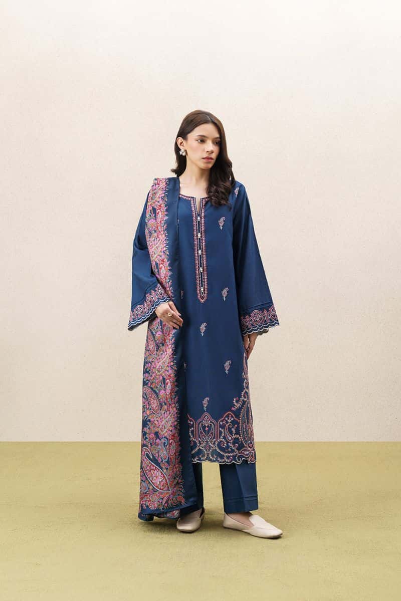 3 Piece Embroidered Khaddar Suit With Shawl - Monochromatic Blue Unstitched - alternate view