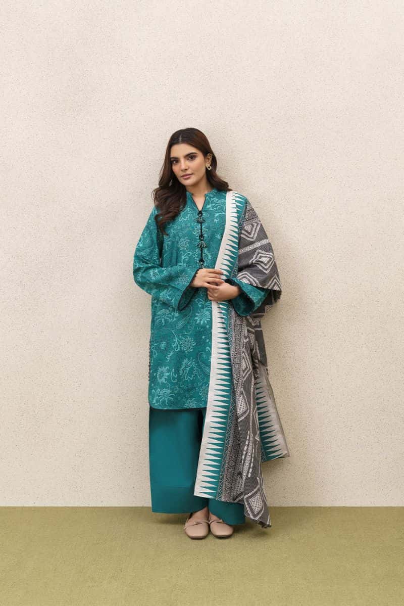 3 Piece Printeded Slub Khaddar Suit - Celestial Teal Unstitched