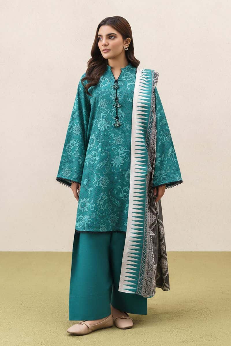 3 Piece Printeded Slub Khaddar Suit - Celestial Teal Unstitched - alternate view