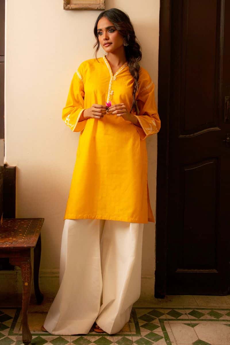 Embroidered Cotton Jacquard-Yellow Kurti - alternate view