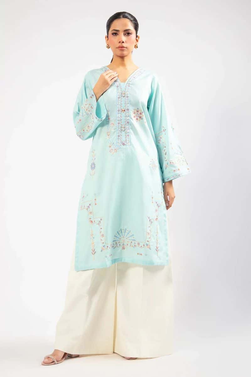Embroidered Cotton Dobby-Blue Kurti