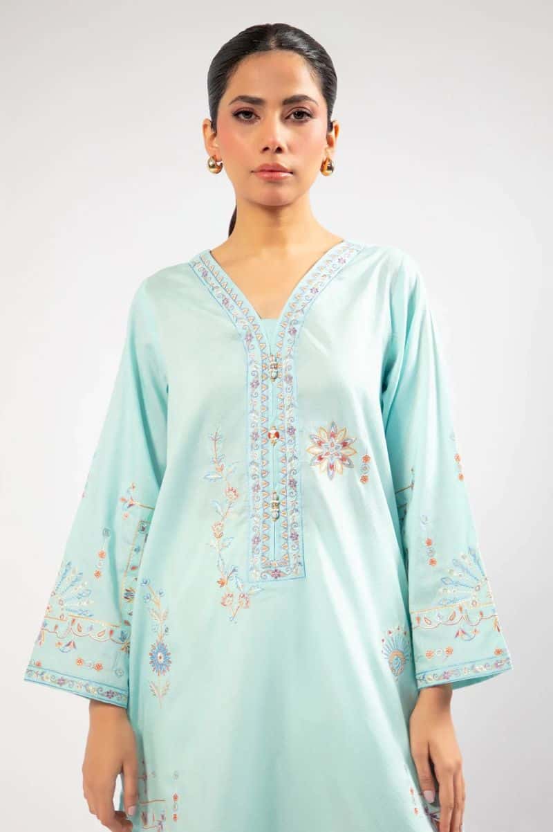 Embroidered Cotton Dobby-Blue Kurti - alternate view