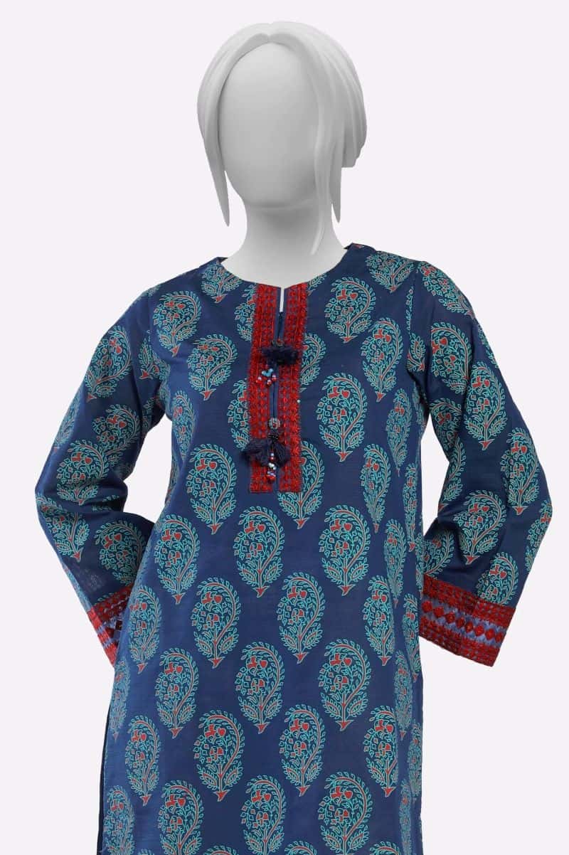 Navy Blue Printed Embroidered Kurti - alternate view