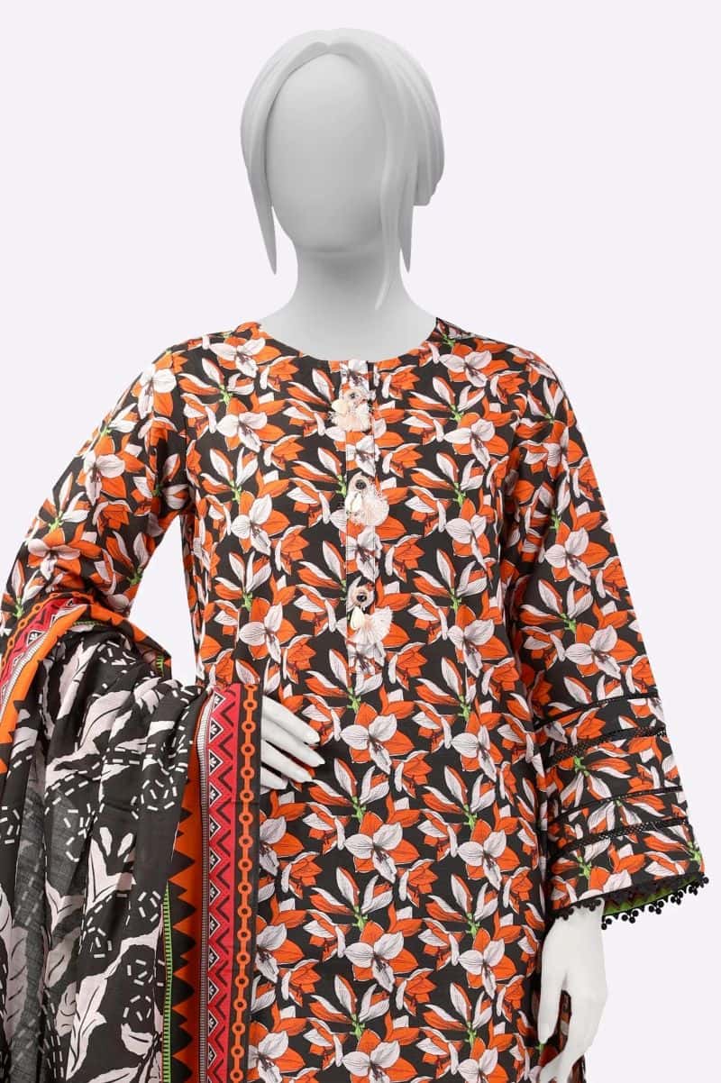 Khaddar Orange Printed 3PC - alternate view
