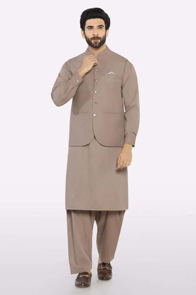 Dark Fawn Shalwar Kameez with Waistcoat