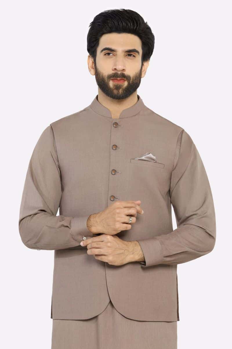 Dark Fawn Shalwar Kameez with Waistcoat - alternate view