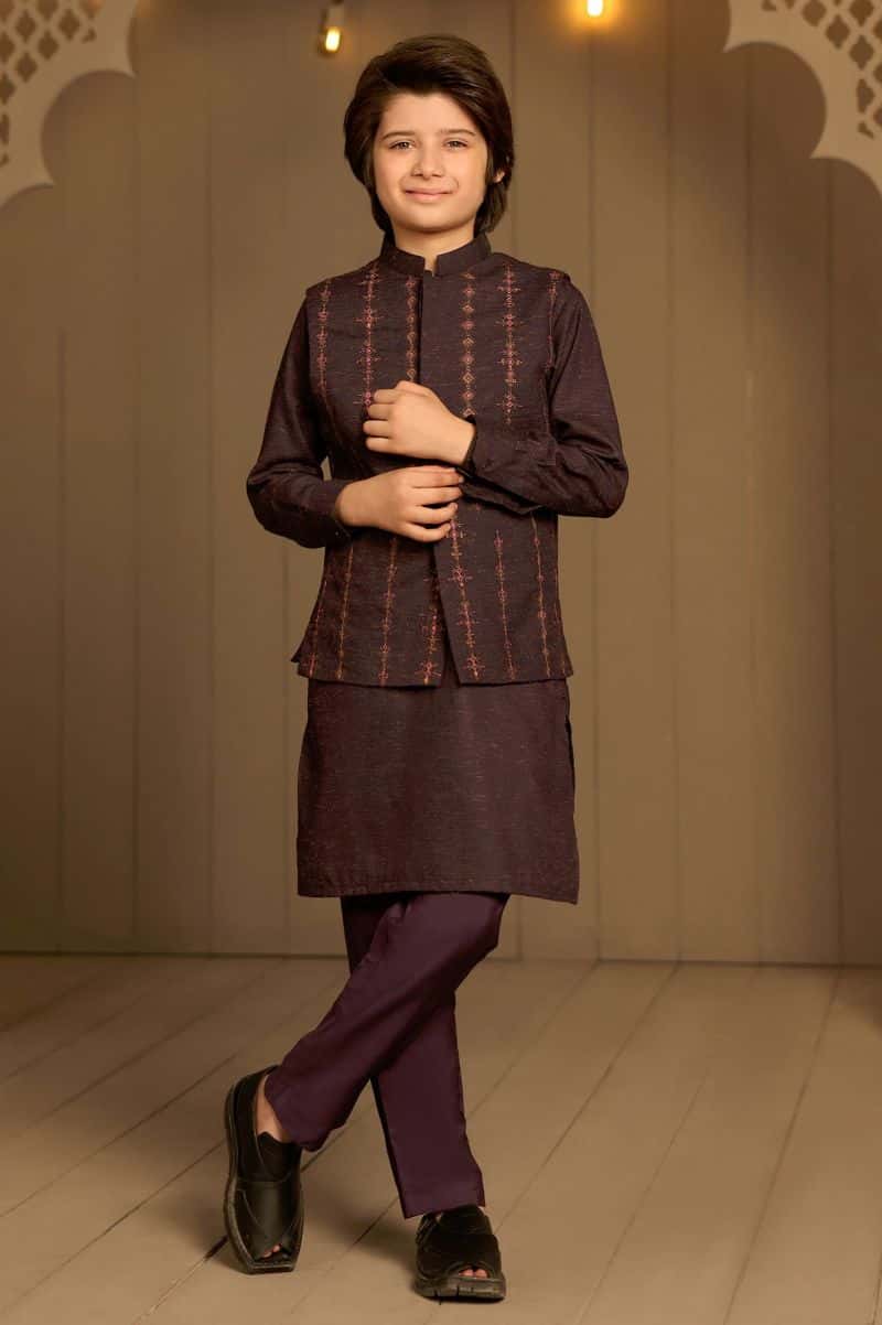 Purple Boys Kameez Shalwar With Waistcoat