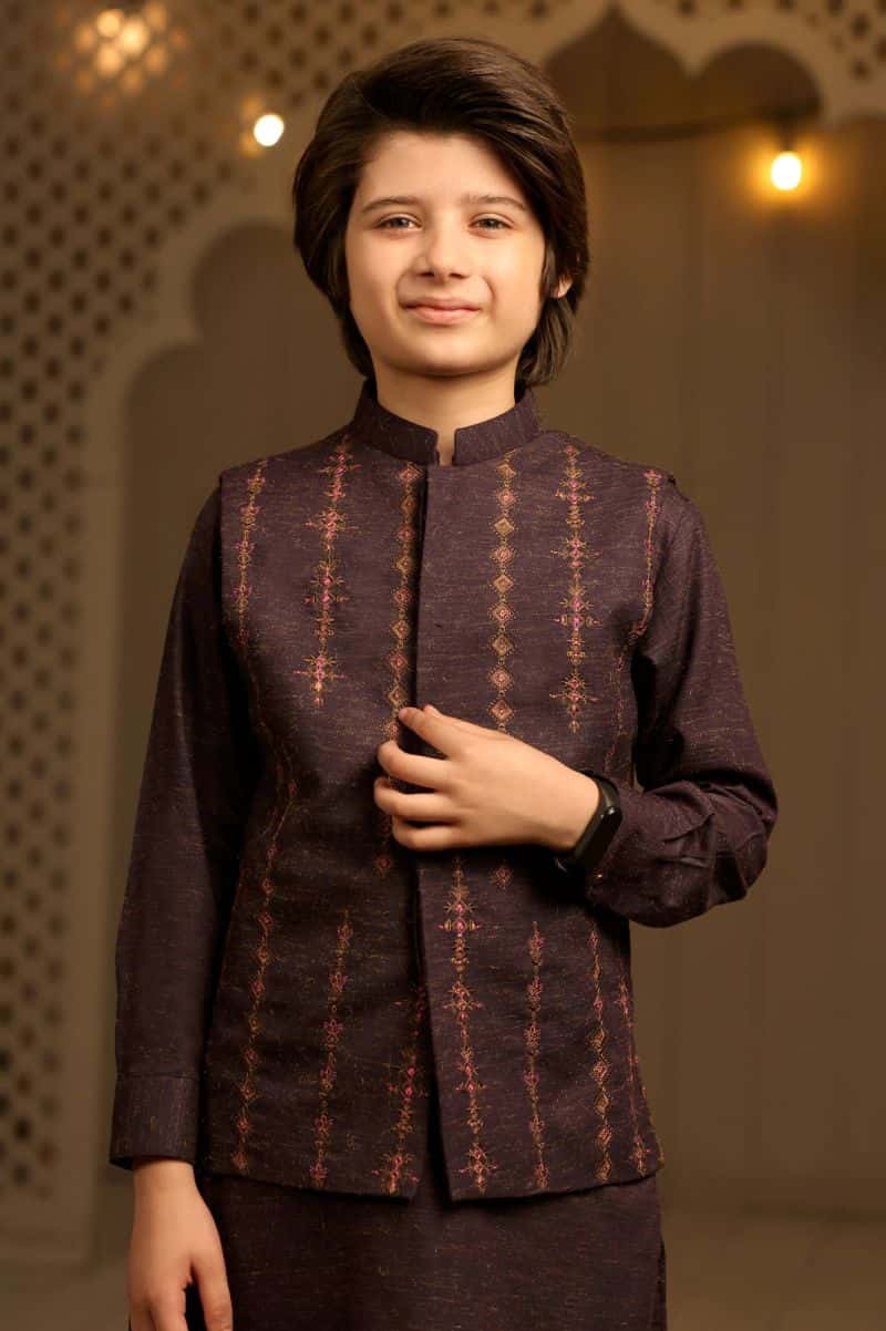 Purple Boys Kameez Shalwar With Waistcoat - alternate view