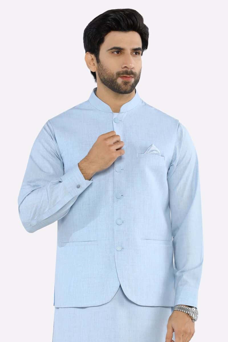 Sky Blue Shalwar Kameez with Waistcoat - alternate view
