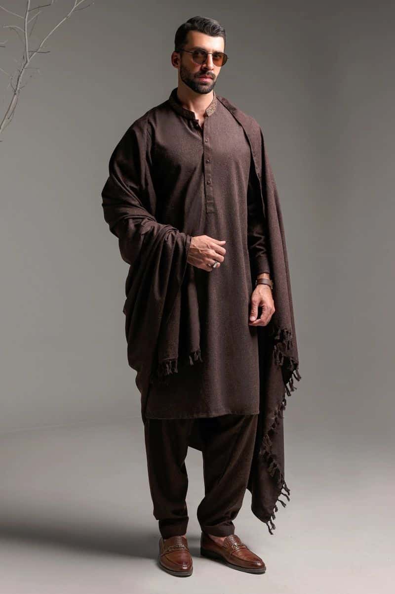 Dark Brown Shalwar Kameez with Shawl - alternate view