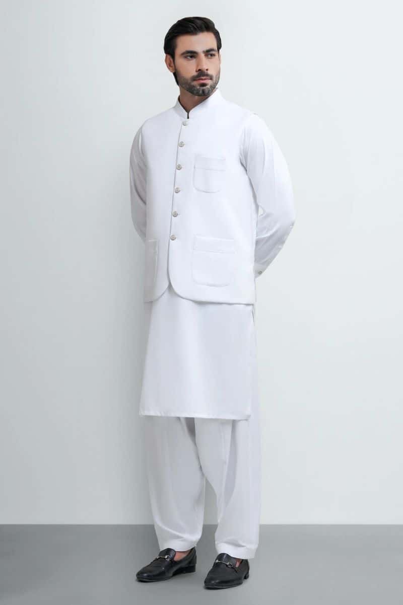 Off White Shalwar Kameez with Waistcoat