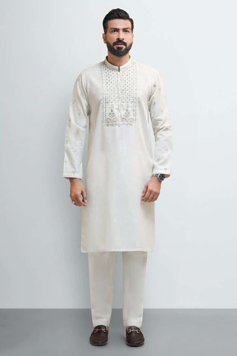 Cream Wash & Wear Kurta Pajama - alternate view