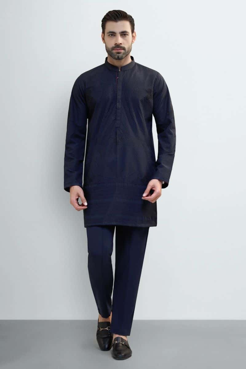 Navy Blue Wash & Wear Kurta Pajama - alternate view
