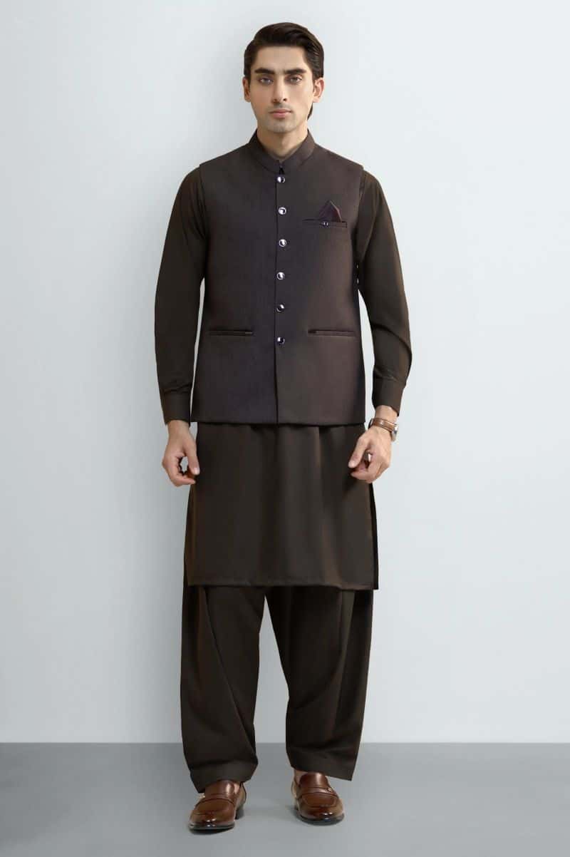 Coffee Brown Shalwar Kameez with Waistcoat