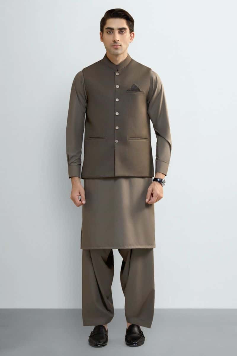 Dark Beige Shalwar Kameez with Waistcoat