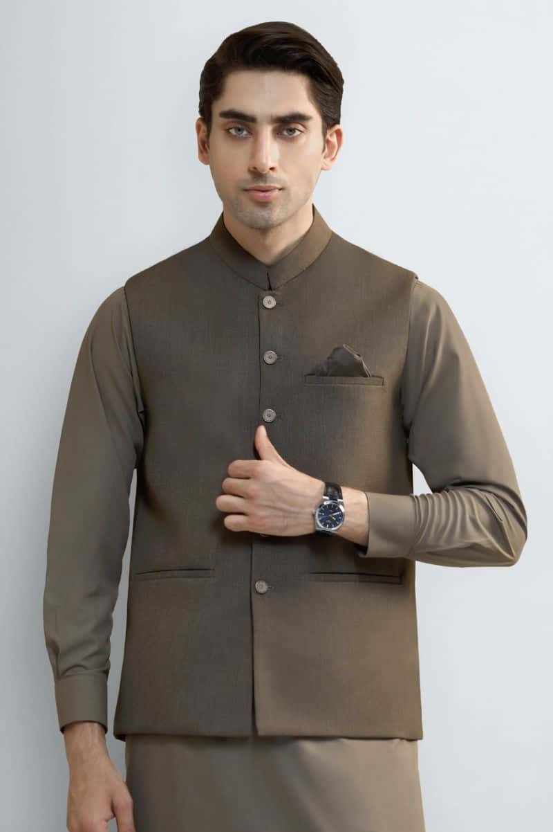 Dark Beige Shalwar Kameez with Waistcoat - alternate view