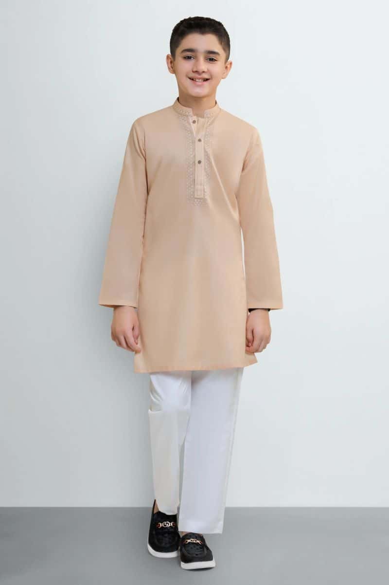 Peach Boys Screen Printed  Kurta Pajama