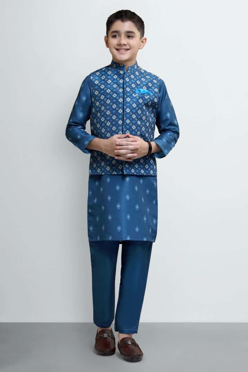 Teal Boys Kameez Shalwar Digital Print With Waistcoat