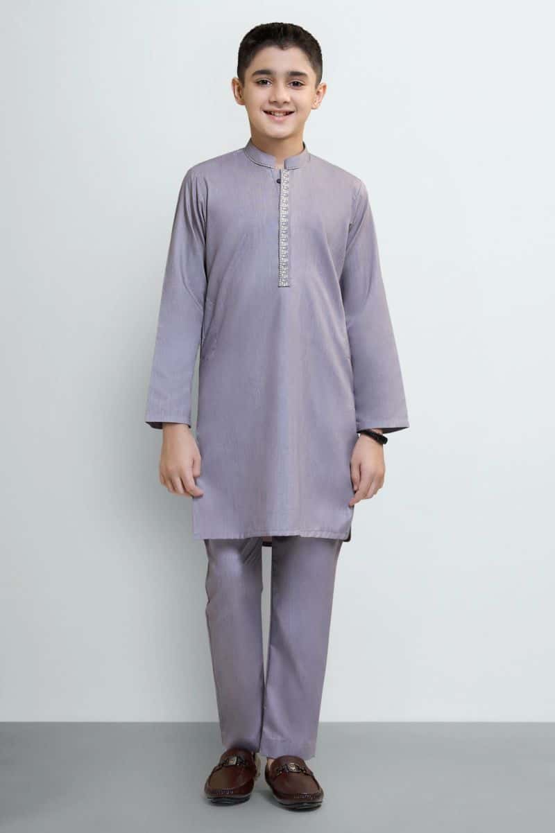 Muted Red Boys Kurta Embroidered Pajama