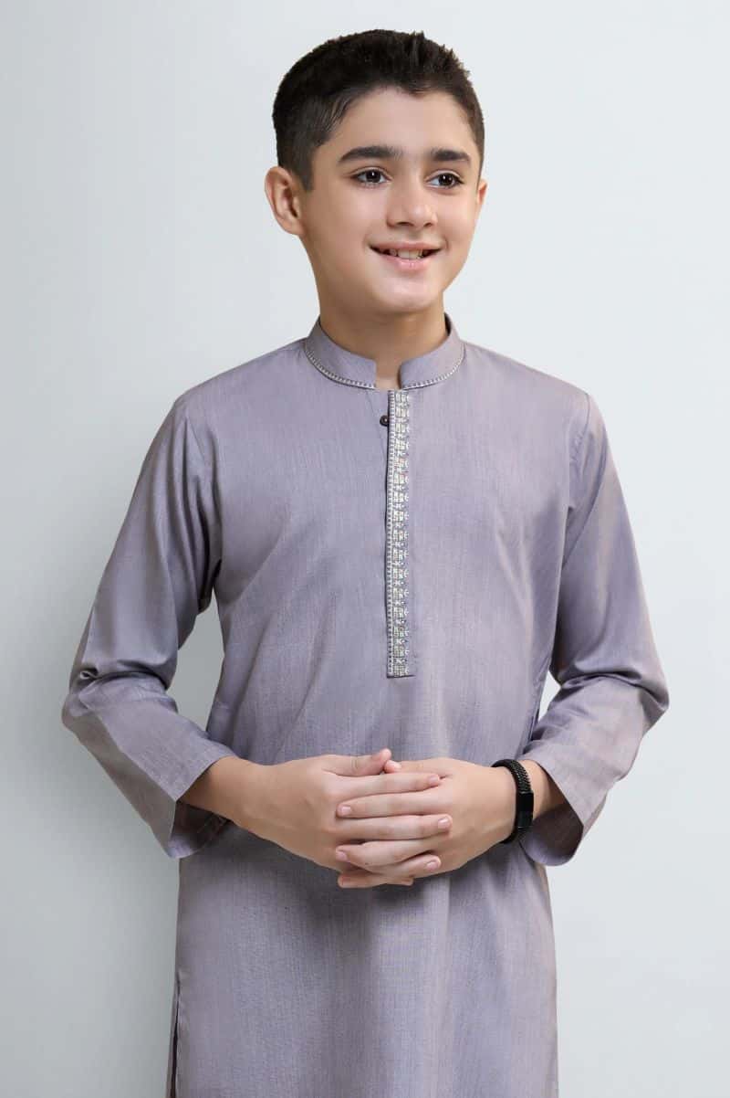 Muted Red Boys Kurta Embroidered Pajama - alternate view