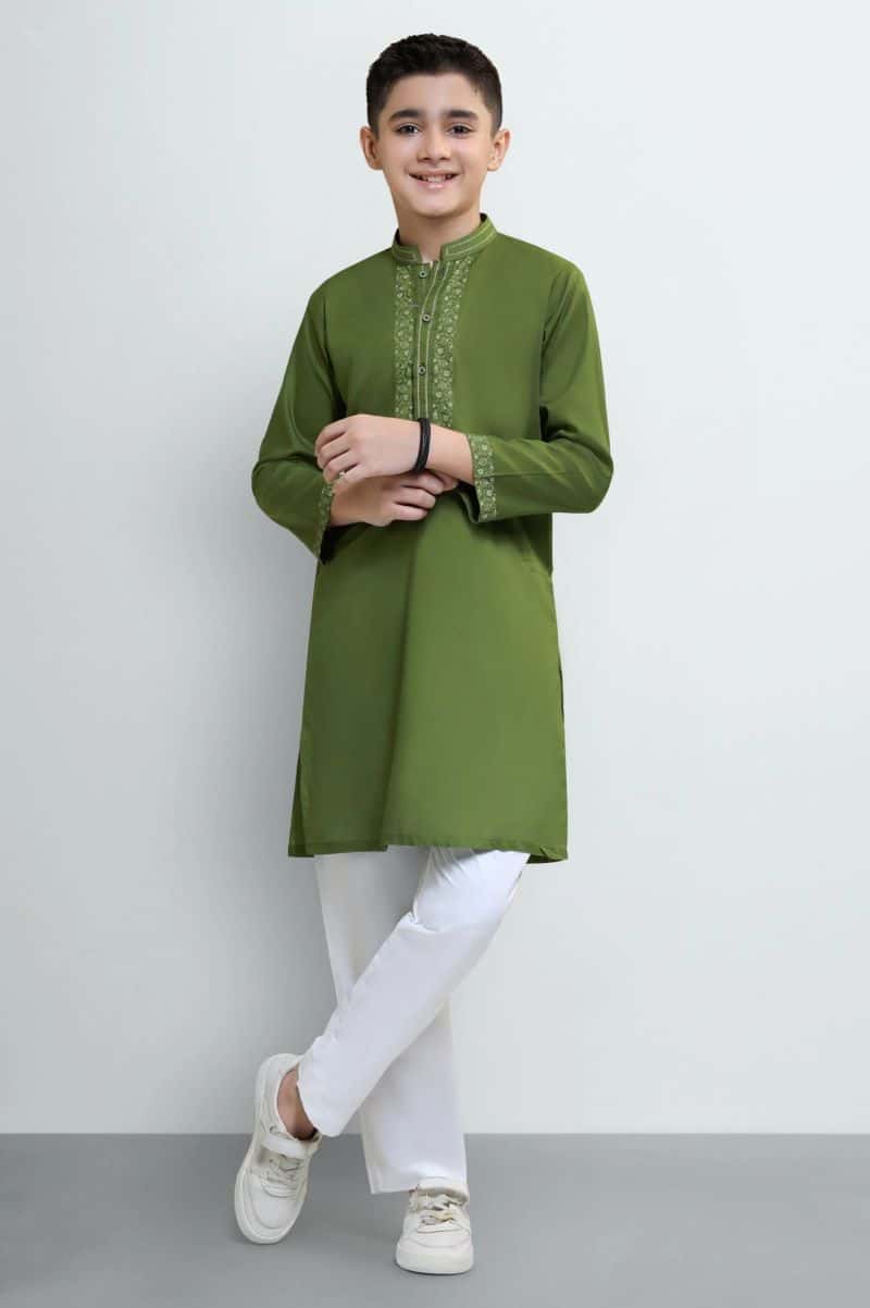 Green Boys Screen Printed Kurta Pajama