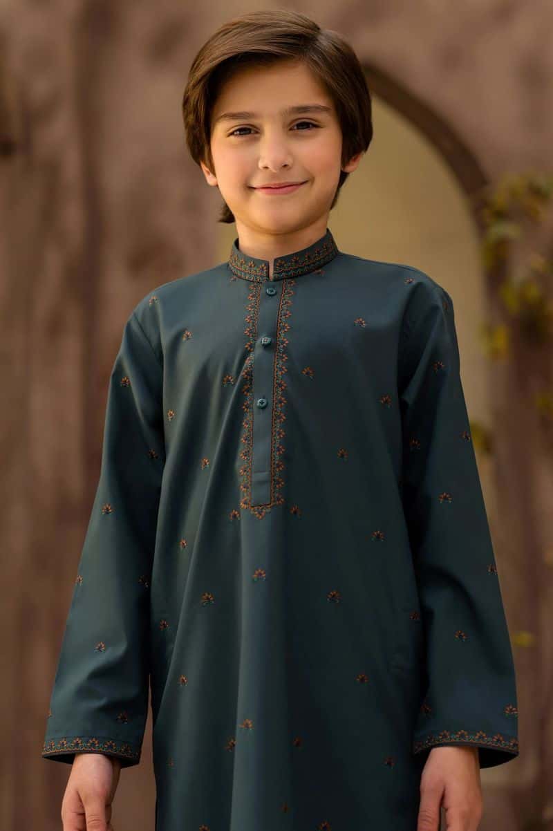 Dark Green Boys Kurta Pajama With Embroidery