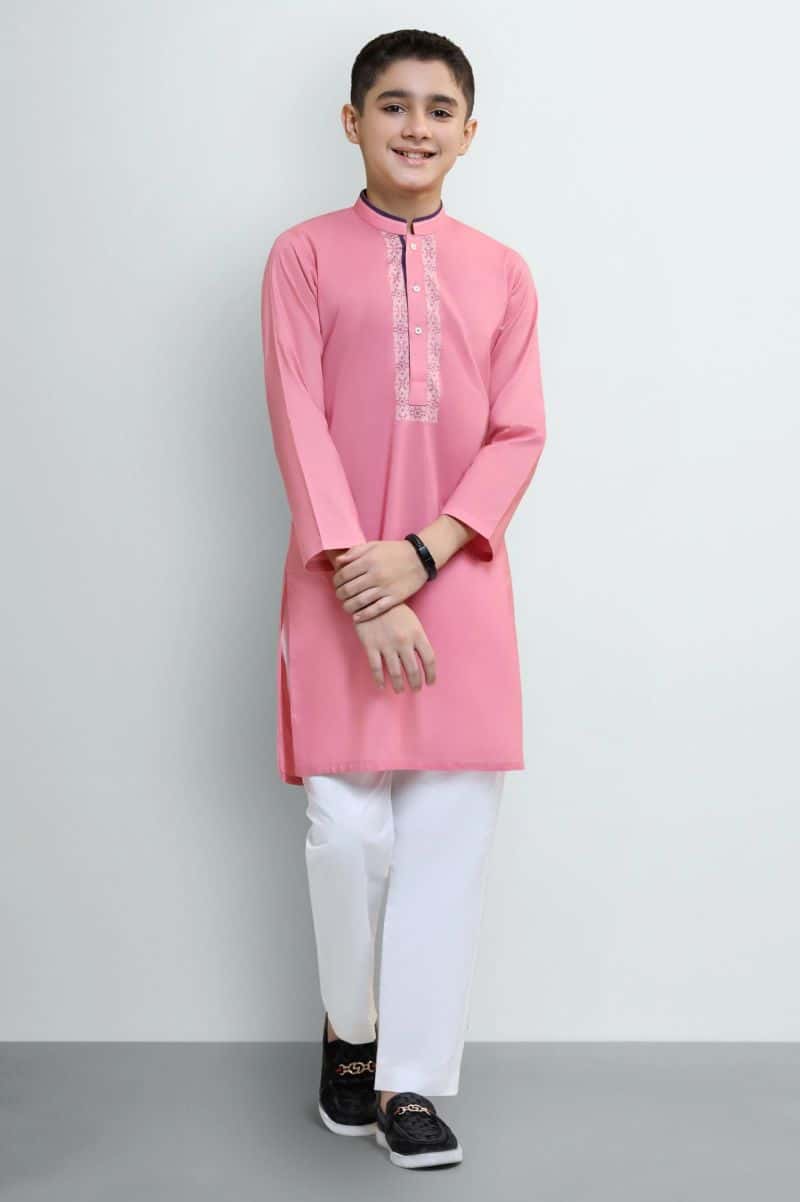 Dark Pink Boys Screen Printed Kurta Pajama