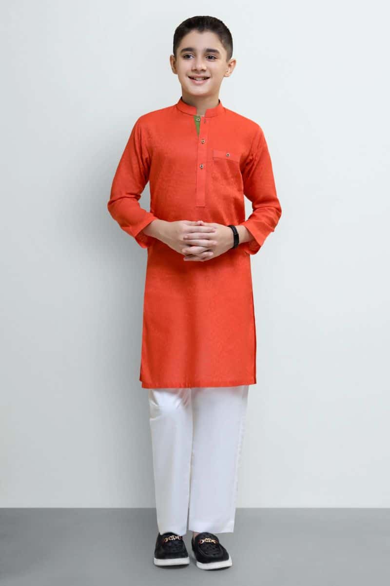Orange Boys Self Textured Kurta Pajama
